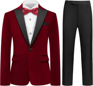Lamgool Boys Velvet Suit Slim Fit 4 Piece Tuxedo Set with Blazer Jacket Dress Shirt Pant Bow Tie Kids Wedding Formal Outfit