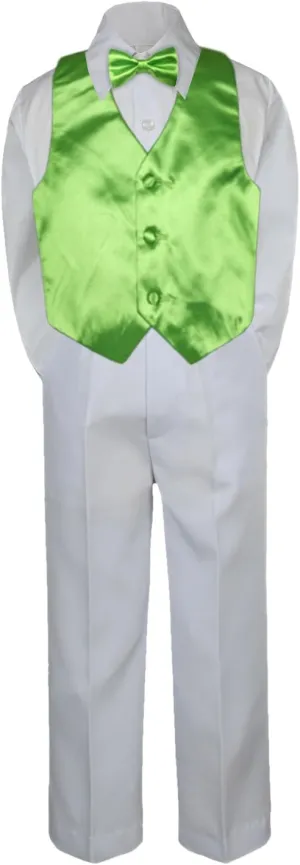 Leadertux 4pc Formal Little Boy Lime Green Vest Bow Tie Set White Pants Suit S-7