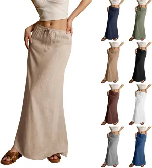Linen Maxi Skirts for Women Trendy Summer Comfy Drawstring Waist A Line Skirts Cute Vacation Boho Long Flowy Skirts