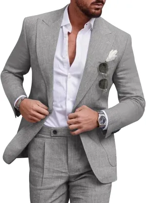 Linen Men Suit Set Casual Tuxedo 2 Piece Regular Fit Blazer One Button Solid Jacket and Pants for Prom Wedding Party