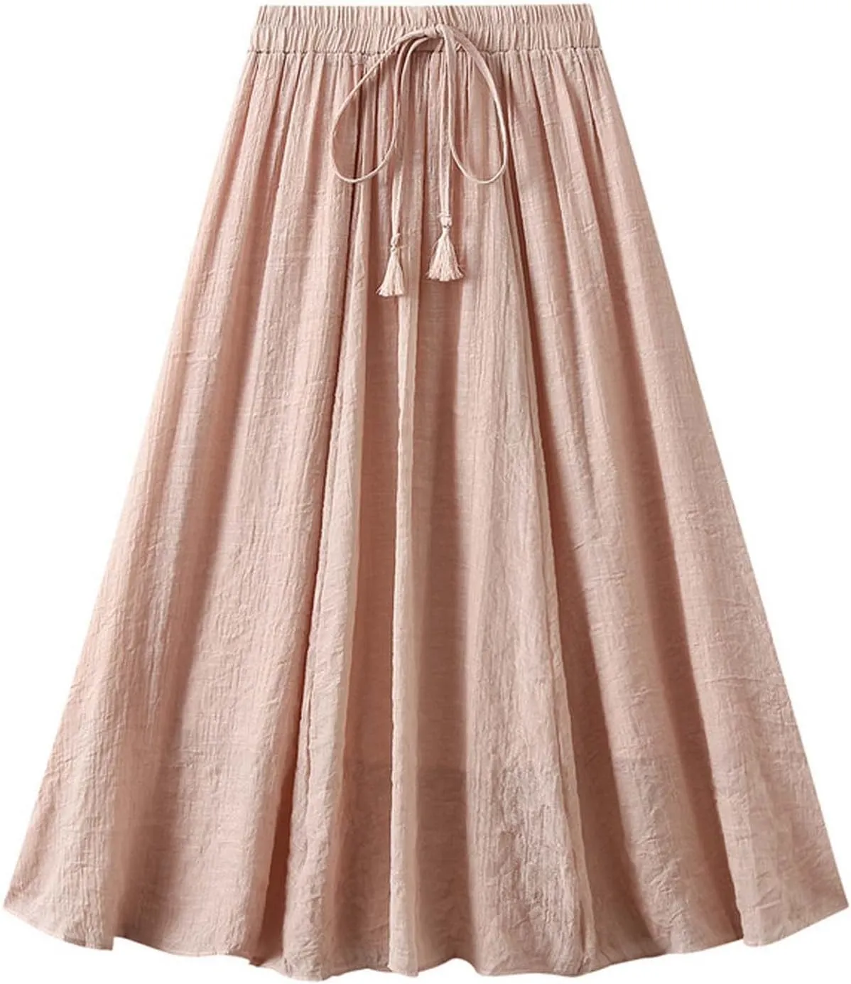Linen Midi Skirts for Women Summer Casual Elastic Waist Drawstring Pleated Skirts A-Linen Flowy Swing Beach Skirt