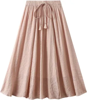 Linen Midi Skirts for Women Summer Casual Elastic Waist Drawstring Pleated Skirts A-Linen Flowy Swing Beach Skirt