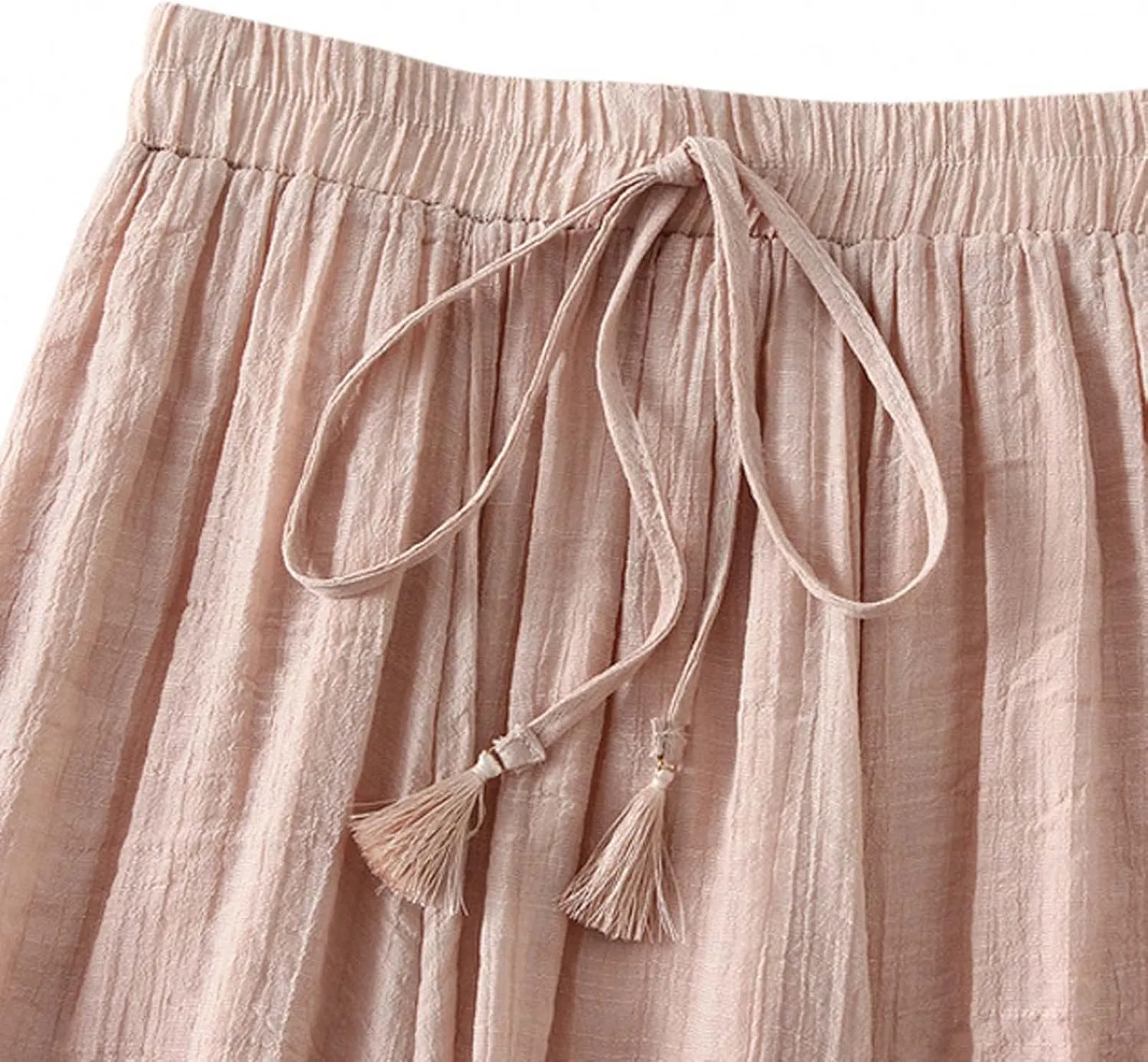 Linen Midi Skirts for Women Summer Casual Elastic Waist Drawstring Pleated Skirts A-Linen Flowy Swing Beach Skirt