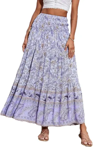 Long Flowy Skirts for Women Floral Boho Maxi Skirt Smocked Elastic High Waisted Skirts Swing A Line Tiered Skirt