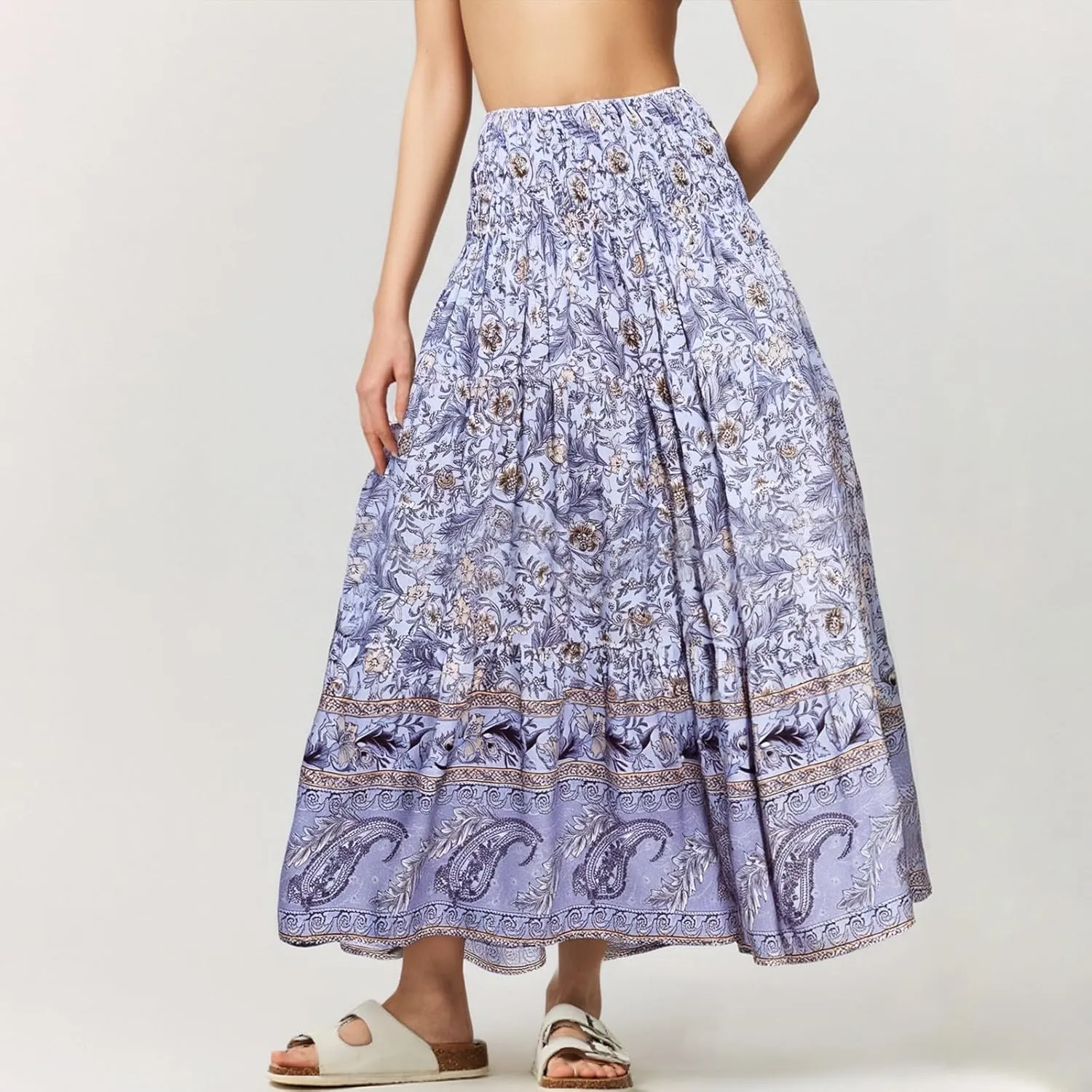 Long Flowy Skirts for Women Floral Boho Maxi Skirt Smocked Elastic High Waisted Skirts Swing A Line Tiered Skirt