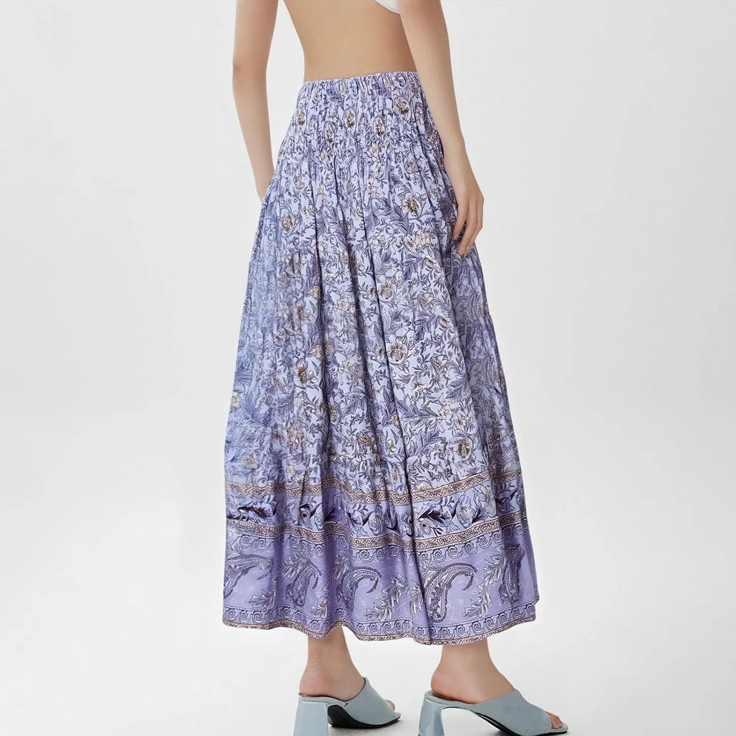 Long Flowy Skirts for Women Floral Boho Maxi Skirt Smocked Elastic High Waisted Skirts Swing A Line Tiered Skirt
