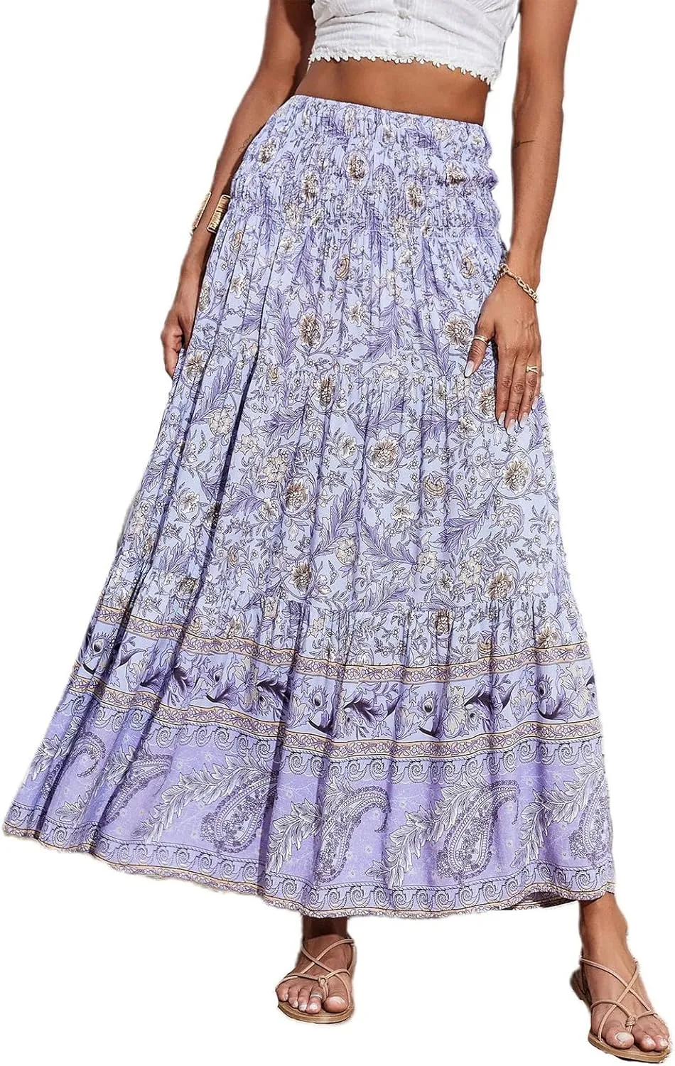 Long Flowy Skirts for Women Floral Boho Maxi Skirt Smocked Elastic High Waisted Skirts Swing A Line Tiered Skirt