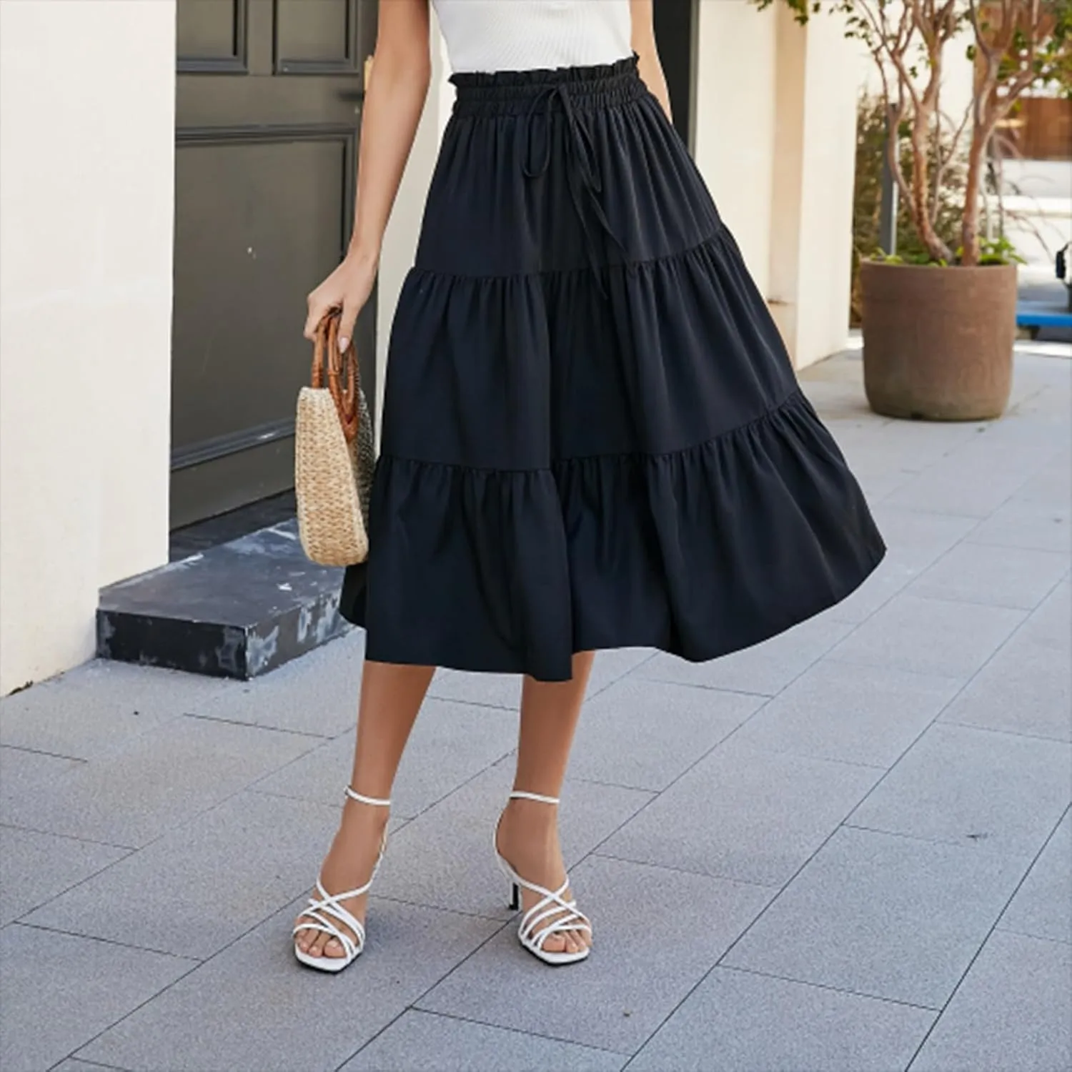 Long Skirts for Women Floral Drawstring Boho Tiered Maxi Skirt Beach A Line Midi Skirt Summer Bohemian Skirts