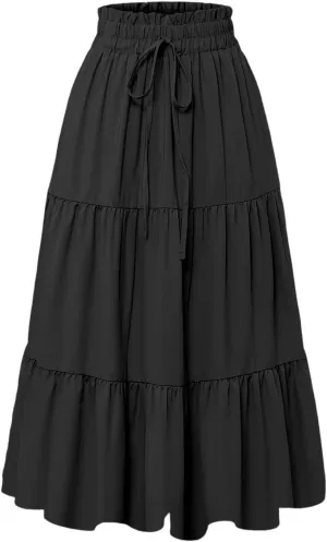 Long Skirts for Women Floral Drawstring Boho Tiered Maxi Skirt Beach A Line Midi Skirt Summer Bohemian Skirts