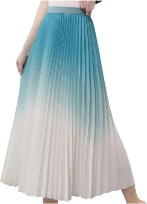Long Skirts for Women Gradient Color Pleated Midi Skirt High Waist a Line Ruffle Skirt Flowy Swing Maxi Half Skirt