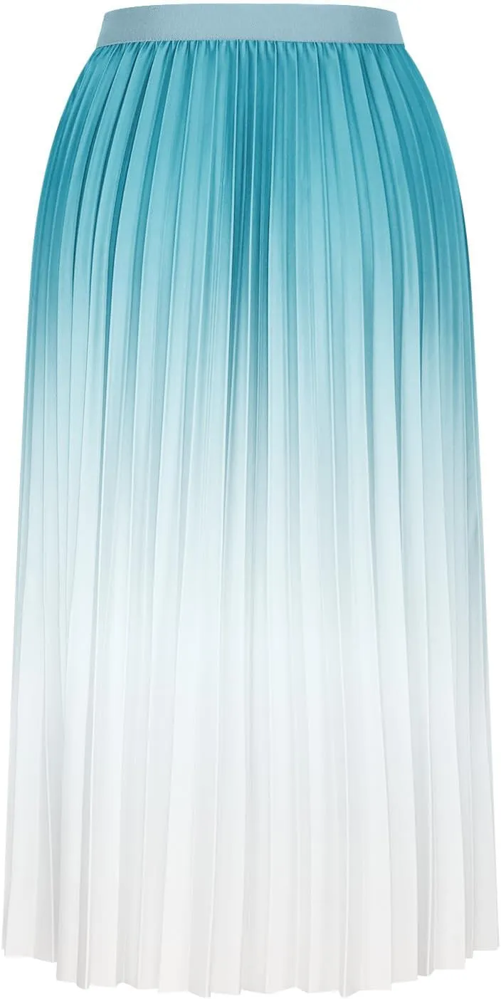 Long Skirts for Women Gradient Color Pleated Midi Skirt High Waist a Line Ruffle Skirt Flowy Swing Maxi Half Skirt