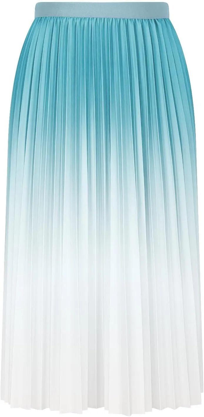 Long Skirts for Women Gradient Color Pleated Midi Skirt High Waist a Line Ruffle Skirt Flowy Swing Maxi Half Skirt