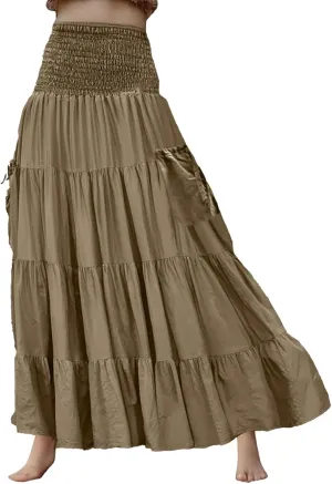 Maxi Dresses for Women Elastic High Waisted Casual Boho Full Skirt Beach Pleated Hippie Gypsy Skirt with Pockets