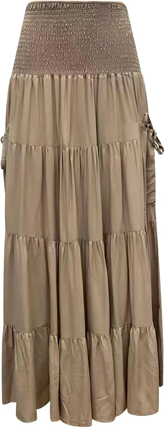 Maxi Dresses for Women Elastic High Waisted Casual Boho Full Skirt Beach Pleated Hippie Gypsy Skirt with Pockets