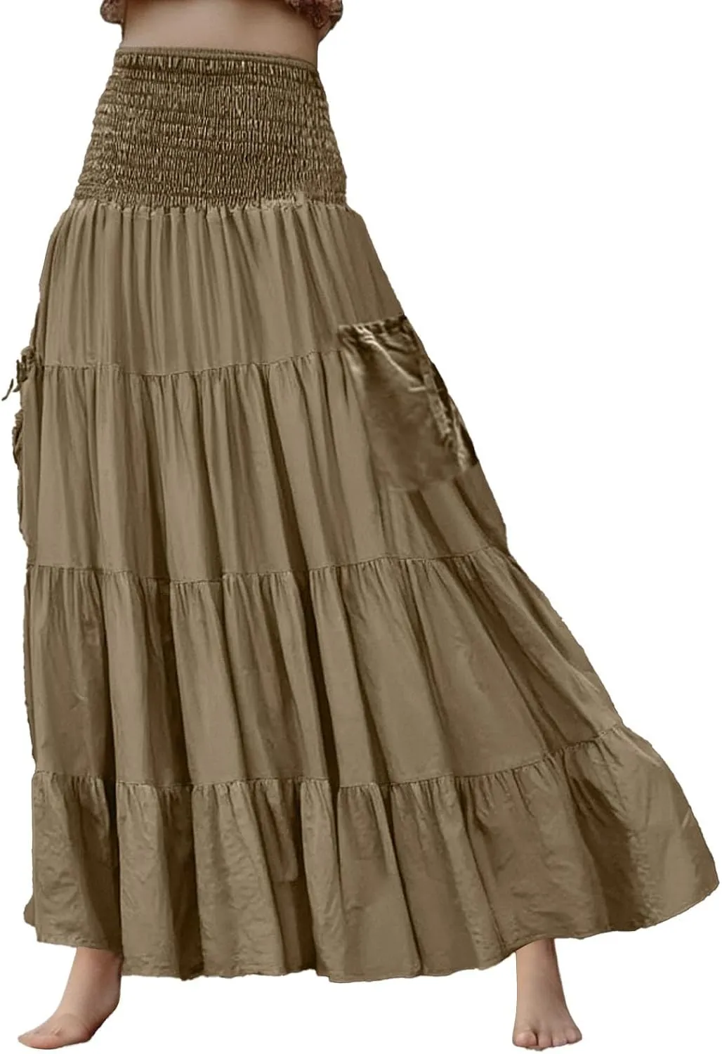 Maxi Dresses for Women Elastic High Waisted Casual Boho Full Skirt Beach Pleated Hippie Gypsy Skirt with Pockets