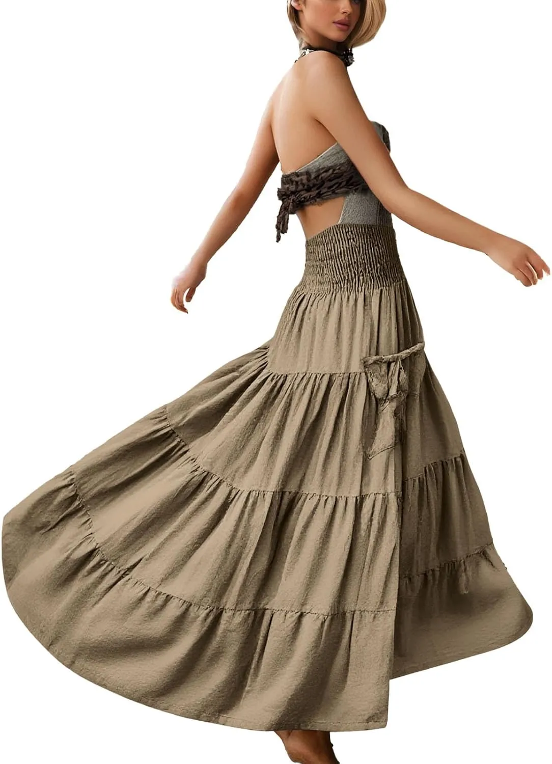 Maxi Dresses for Women Elastic High Waisted Casual Boho Full Skirt Beach Pleated Hippie Gypsy Skirt with Pockets