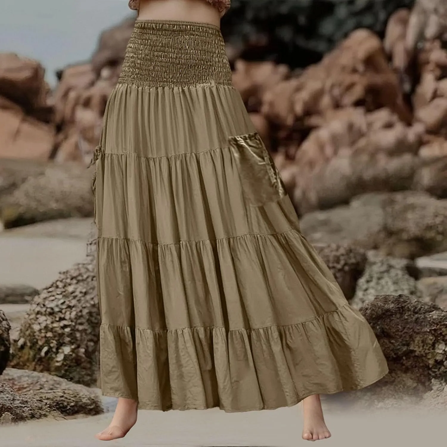 Maxi Dresses for Women Elastic High Waisted Casual Boho Full Skirt Beach Pleated Hippie Gypsy Skirt with Pockets