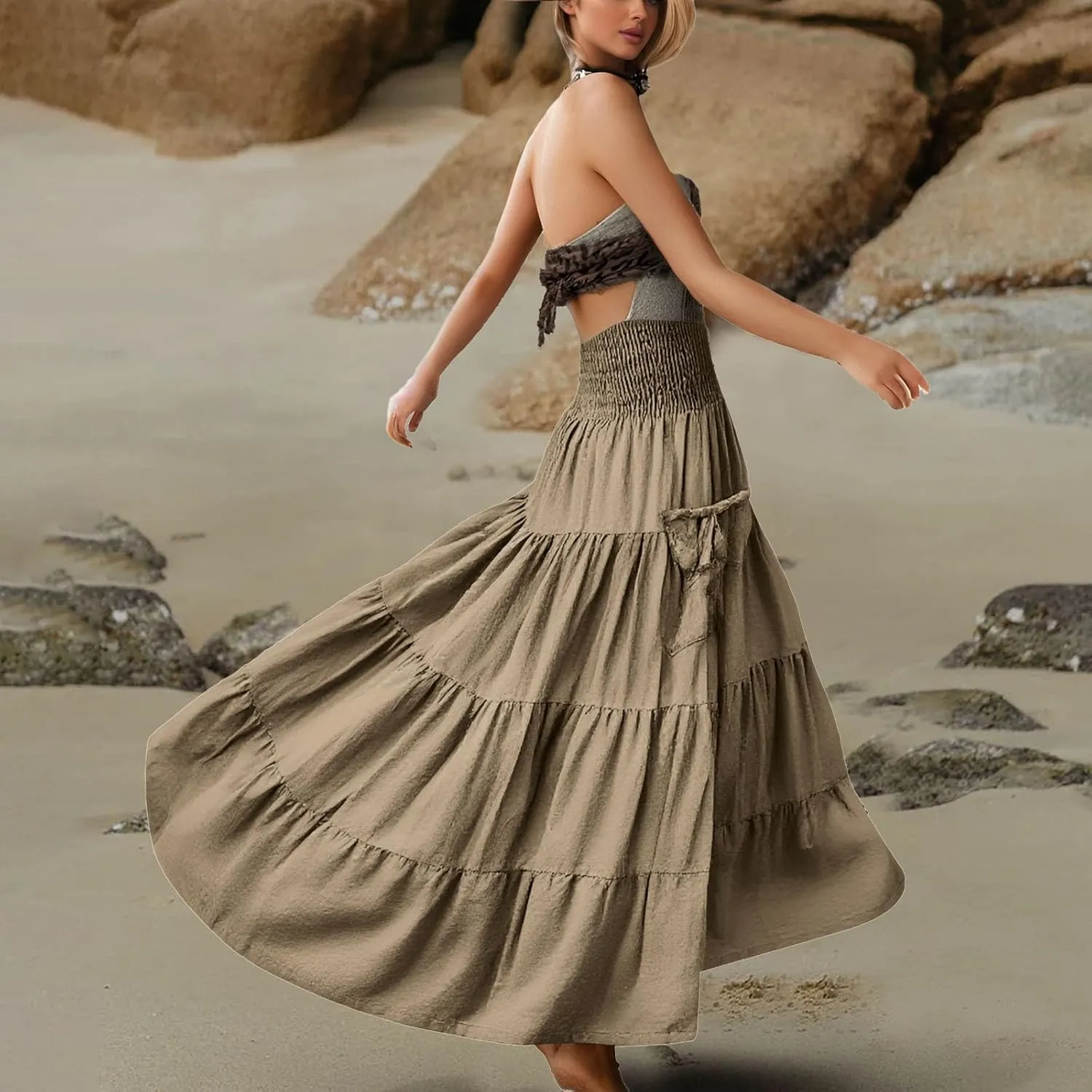 Maxi Dresses for Women Elastic High Waisted Casual Boho Full Skirt Beach Pleated Hippie Gypsy Skirt with Pockets