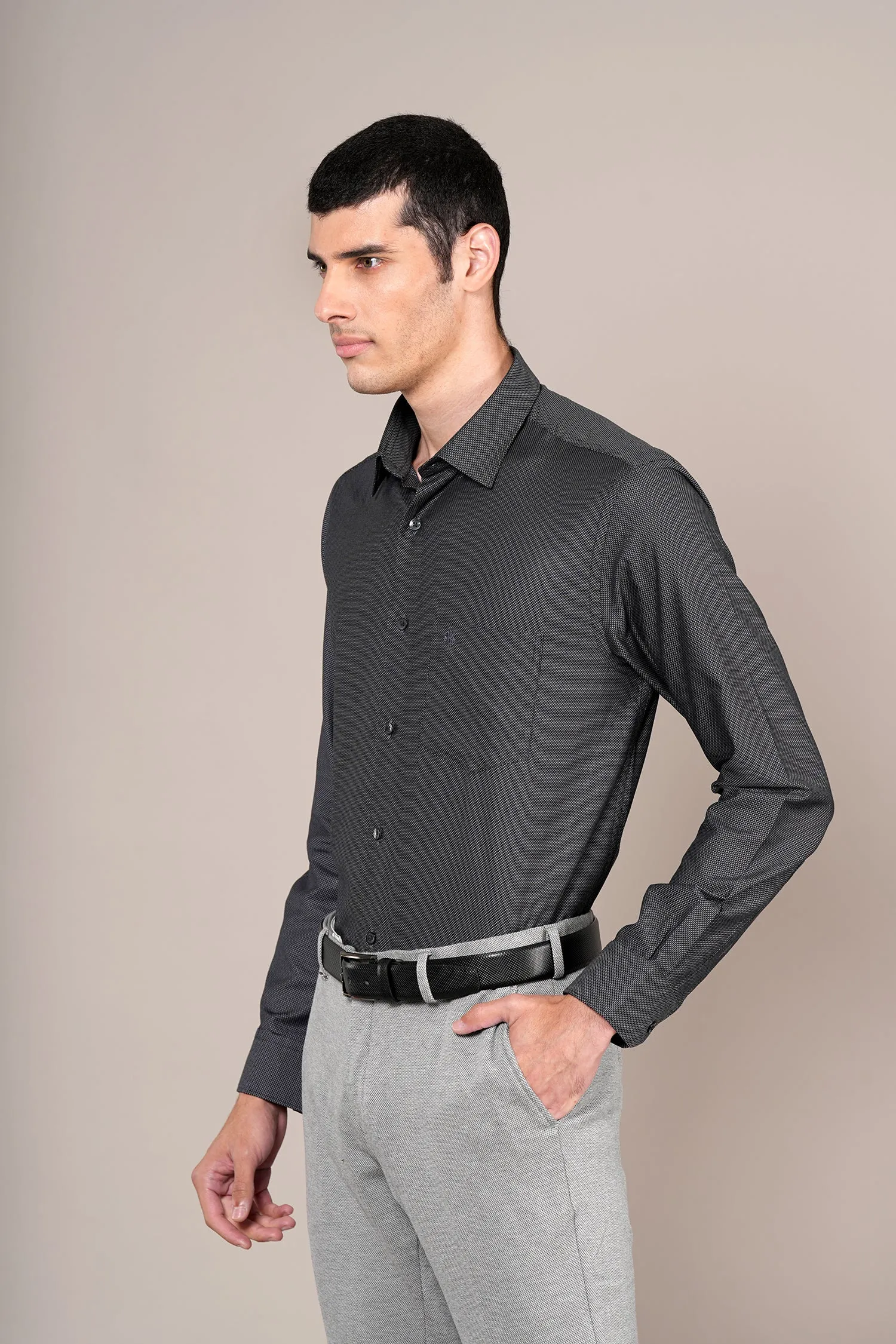 Men's Black Self Design Full Sleeves Formal Shirt