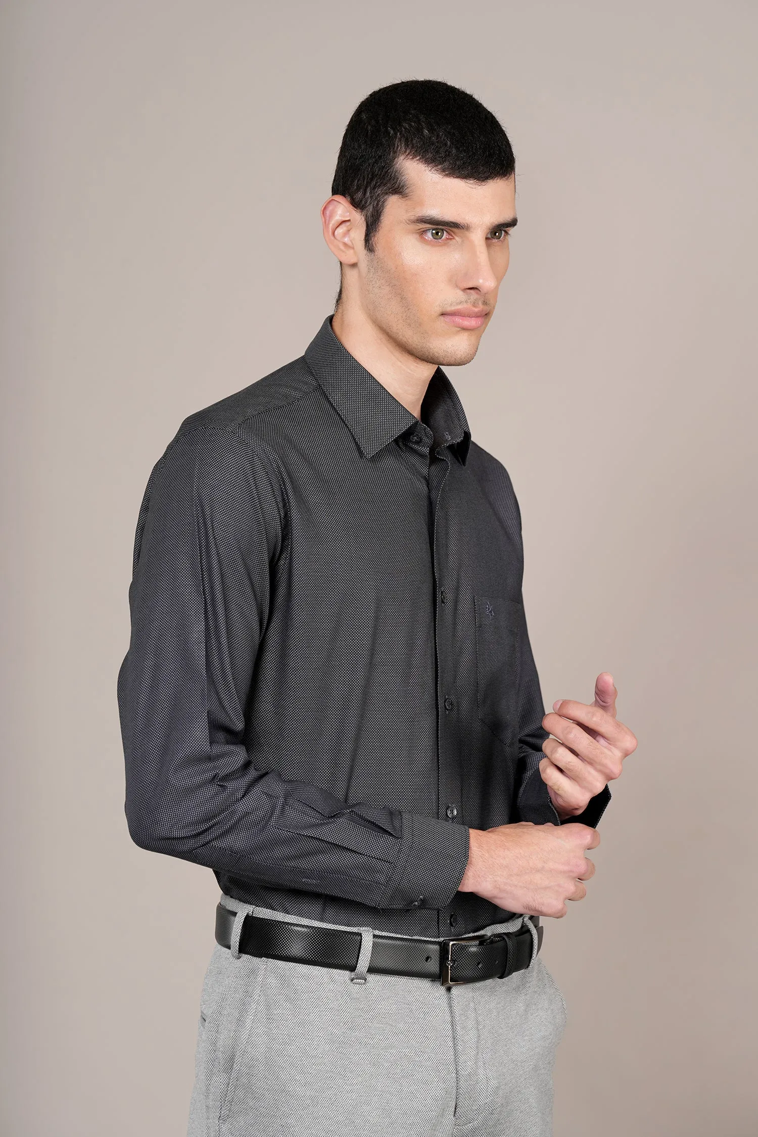 Men's Black Self Design Full Sleeves Formal Shirt