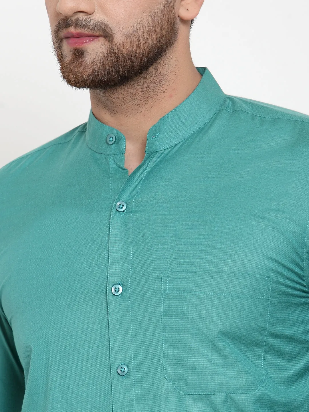 Men's Green Cotton Solid Mandarin Collar Formal Shirts ( SF 757Pista ) - Jainish