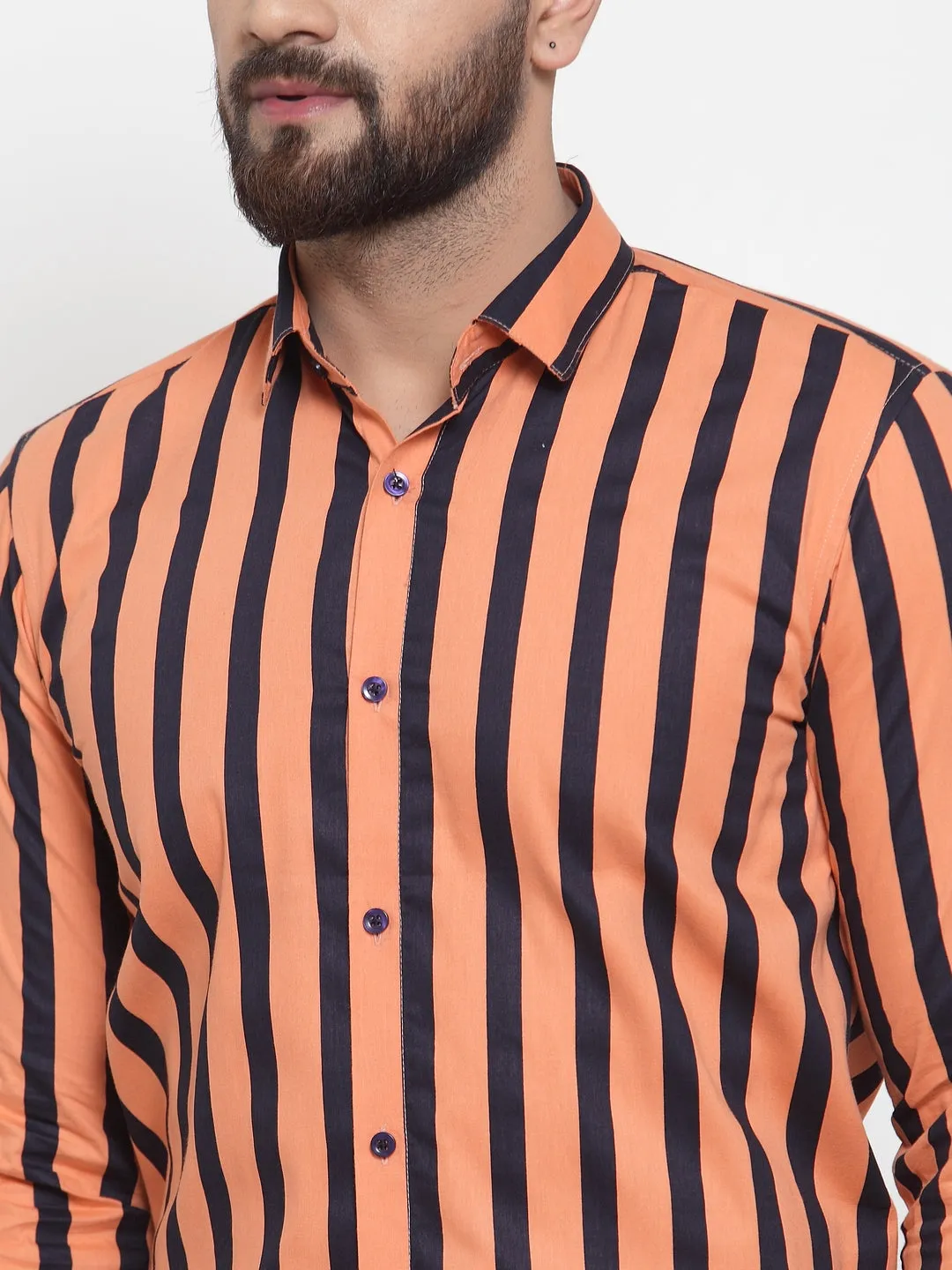 Men's Orange Cotton Striped Formal Shirts ( SF 744Orange ) - Jainish