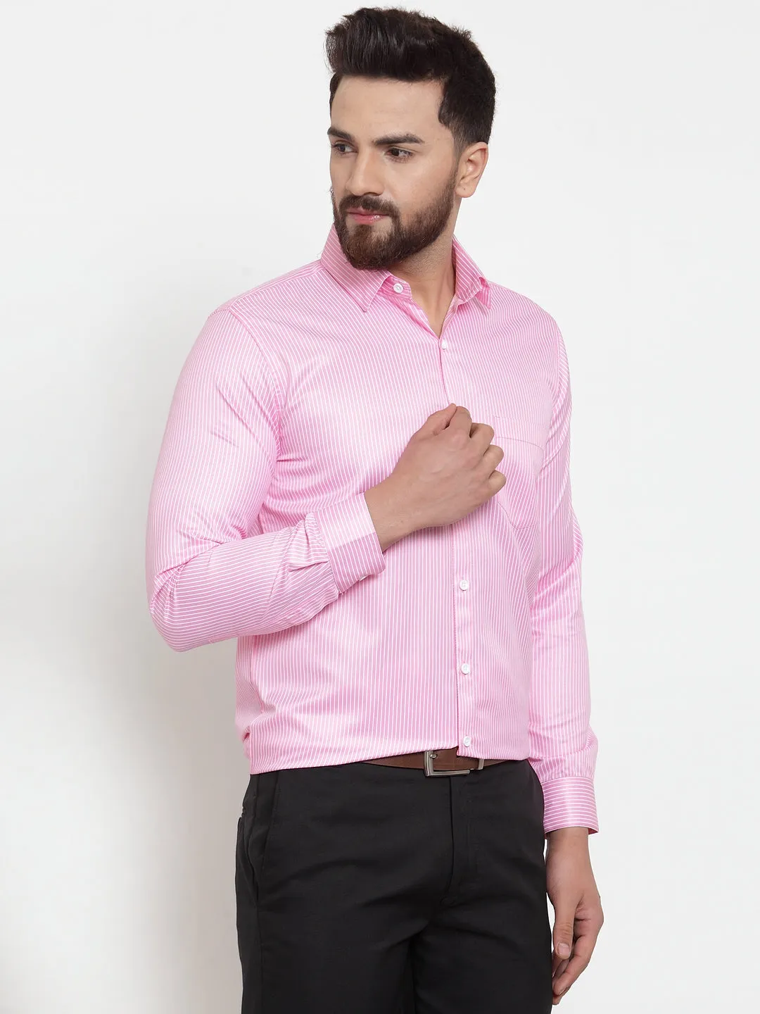 Men's Pink Cotton Stiped Formal Shirts ( SF 737Pink ) - Jainish