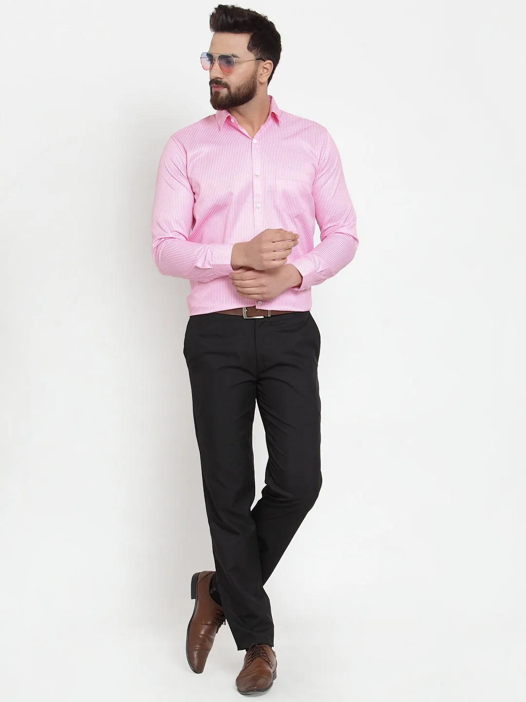 Men's Pink Cotton Stiped Formal Shirts ( SF 737Pink ) - Jainish