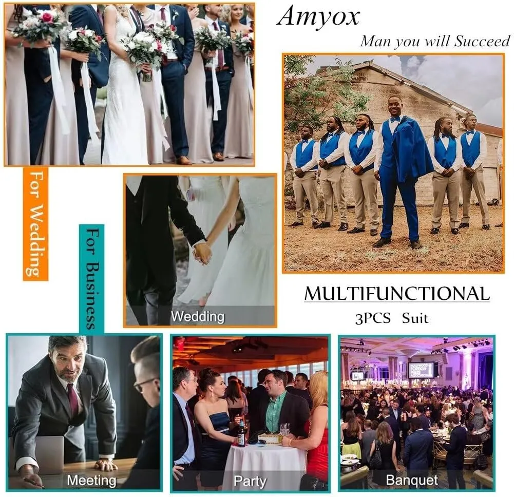 Men's Slim Fit 2 Piece Suit, Two Button Solid Suit Jacket Pants Set, Wedding Prom Suit