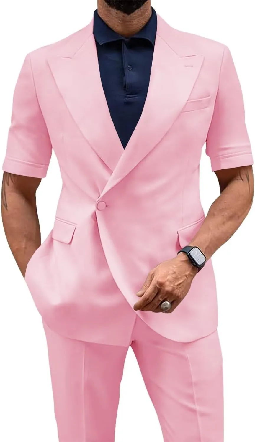 Mens Suit 2 Piece Short Sleeve Suits for Men Slim Fit Casual Suit Jacket Pant Set Summer Business Prom Wedding Suits