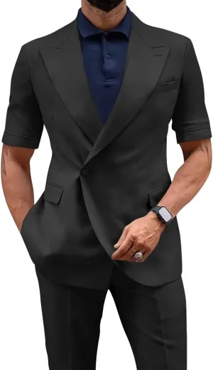 Mens Suit 2 Piece Short Sleeve Suits for Men Slim Fit Casual Suit Jacket Pant Set Summer Business Prom Wedding Suits