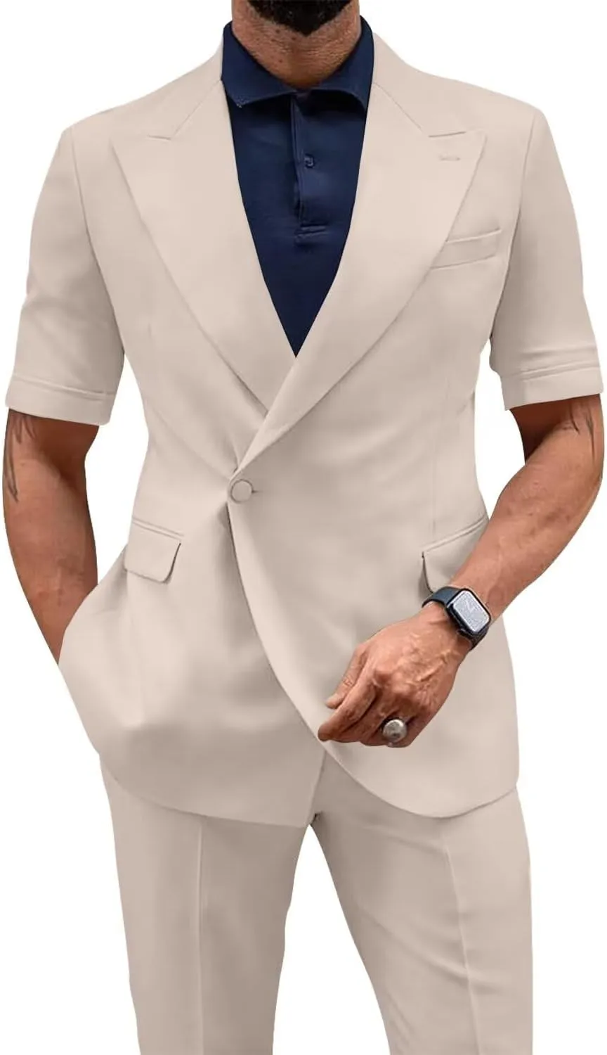 Mens Suit 2 Piece Short Sleeve Suits for Men Slim Fit Casual Suit Jacket Pant Set Summer Business Prom Wedding Suits