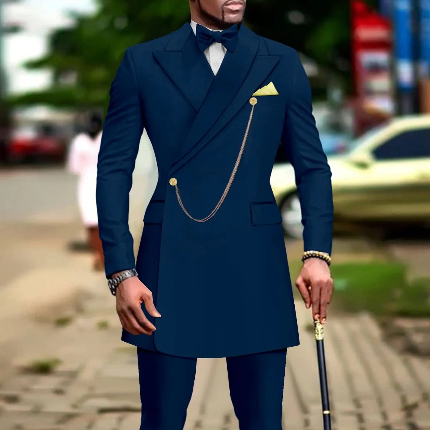 Men`s Suits Slim Fit Blazer and Pants Set Dashiki Outfits with Bow Tie Chain Kerchief African Clothes Wedding
