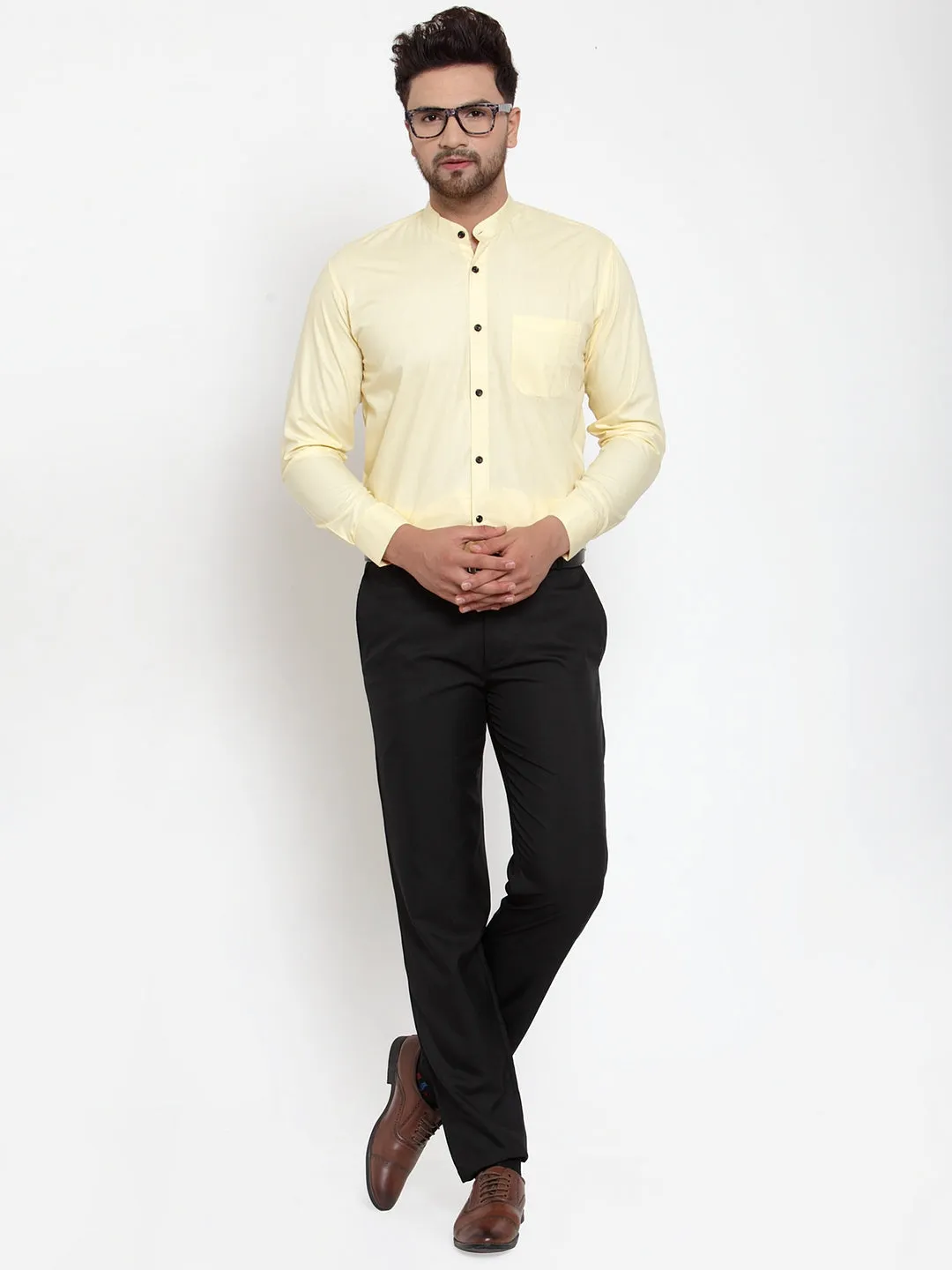 Men's Yellow Cotton Solid Mandarin Collar Formal Shirts ( SF 726Lime ) - Jainish
