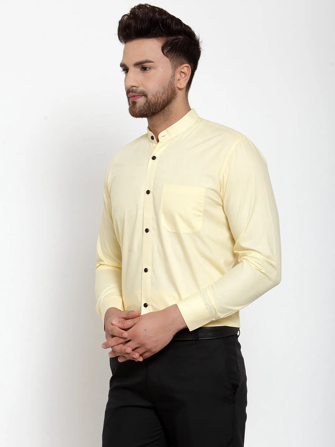 Men's Yellow Cotton Solid Mandarin Collar Formal Shirts ( SF 726Lime ) - Jainish