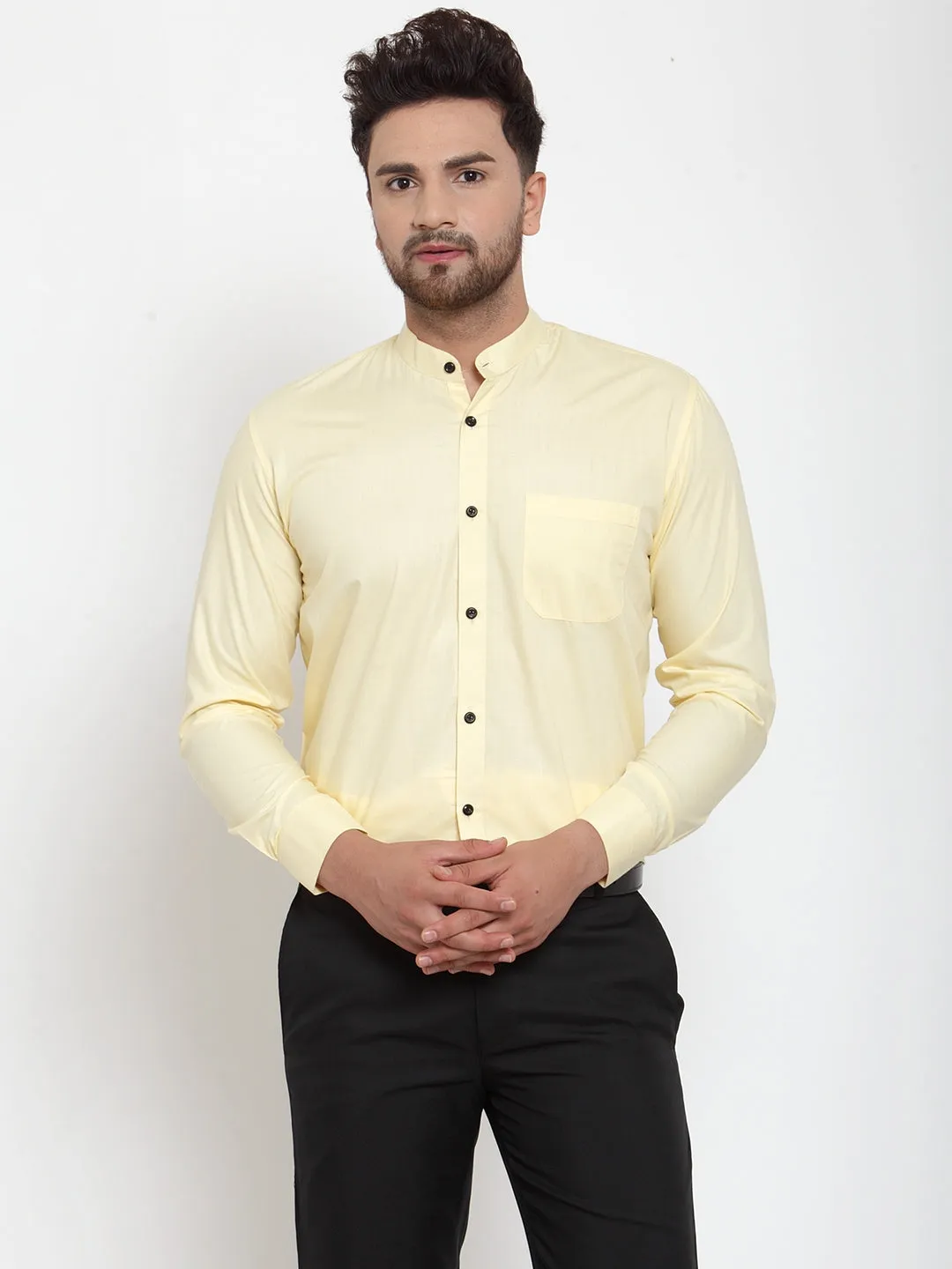 Men's Yellow Cotton Solid Mandarin Collar Formal Shirts ( SF 726Lime ) - Jainish