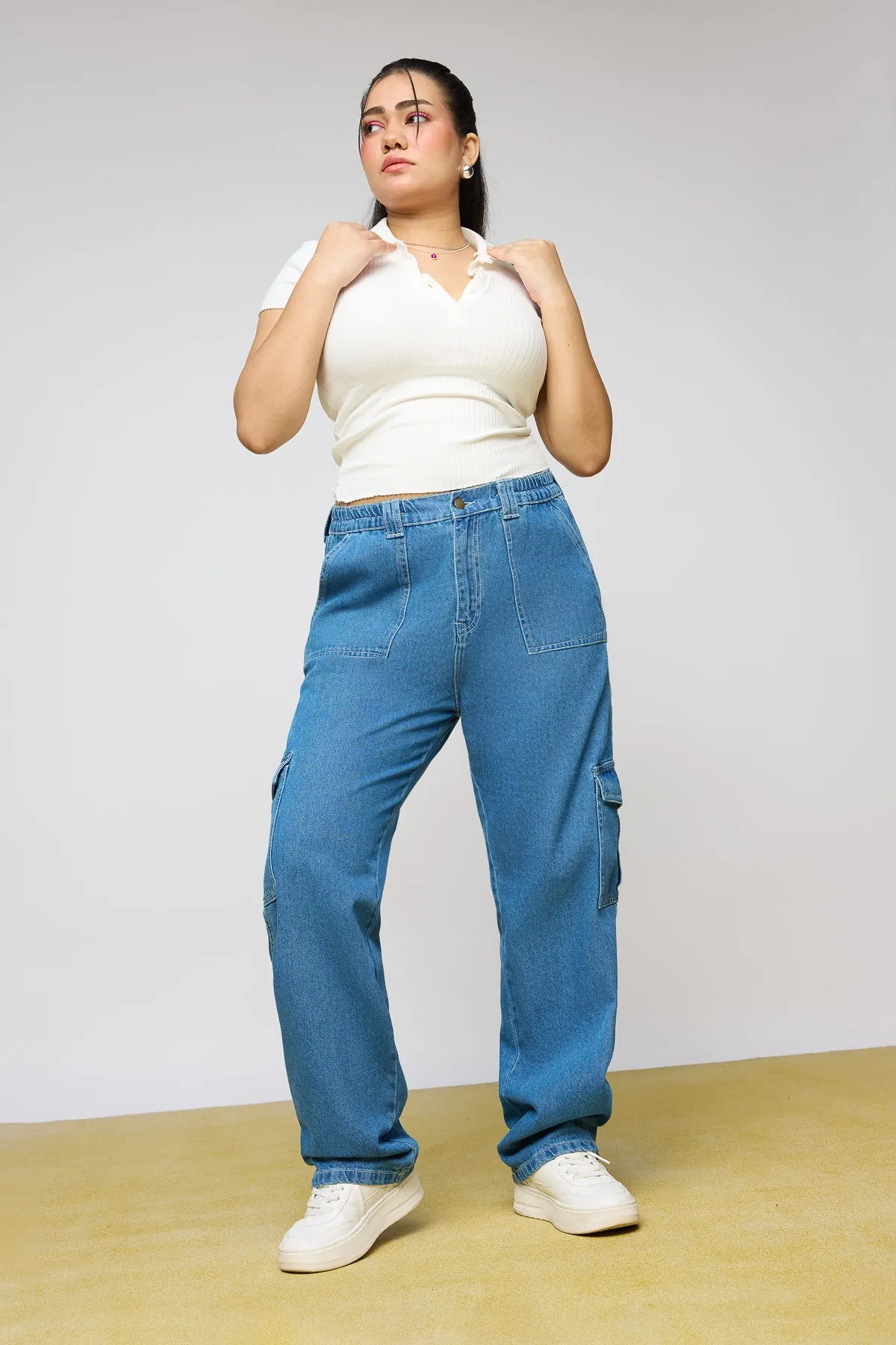 Mid Blue Utility Curve Straight Fit Cargo Jeans