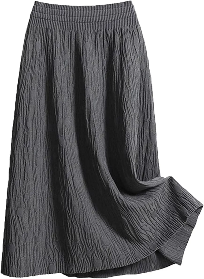 Midi Skirts for Women Fashion Casual Mid Length Skirts Boho Flowy Pleated Skirt Fashion Elastic High Waist Skirts