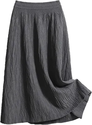 Midi Skirts for Women Fashion Casual Mid Length Skirts Boho Flowy Pleated Skirt Fashion Elastic High Waist Skirts