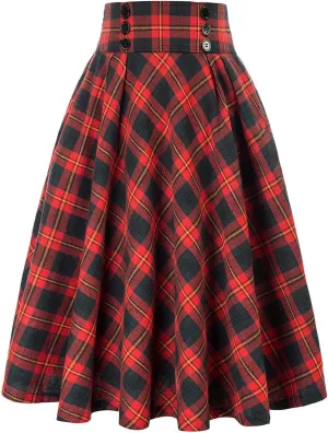 Midi Skirts for Women Fashion Casual Plaid Skirt with Vintage High Waist Pleated Skirt Hot Tennis A-Line Skirts