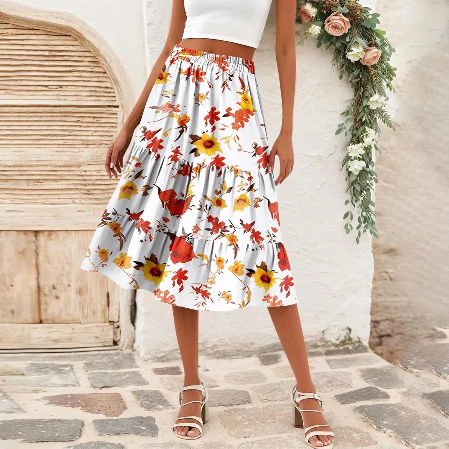 Midi Skirts for Women Summer Boho Floral Flowy High Elastic Waist Tiered Pleated A Line Skirt Beach Vacation Clothes