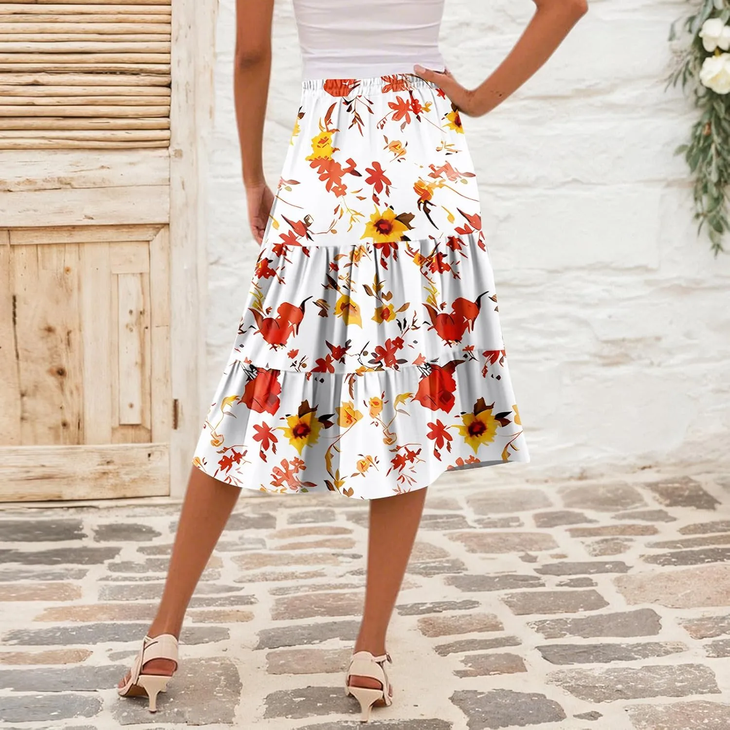 Midi Skirts for Women Summer Boho Floral Flowy High Elastic Waist Tiered Pleated A Line Skirt Beach Vacation Clothes