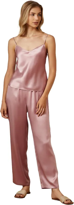 Mommesilk Silk Pajamas for Women Slim Camisole and Pants Set Real Silk Pajamas Sleepwear Washable 2 Piece Summer