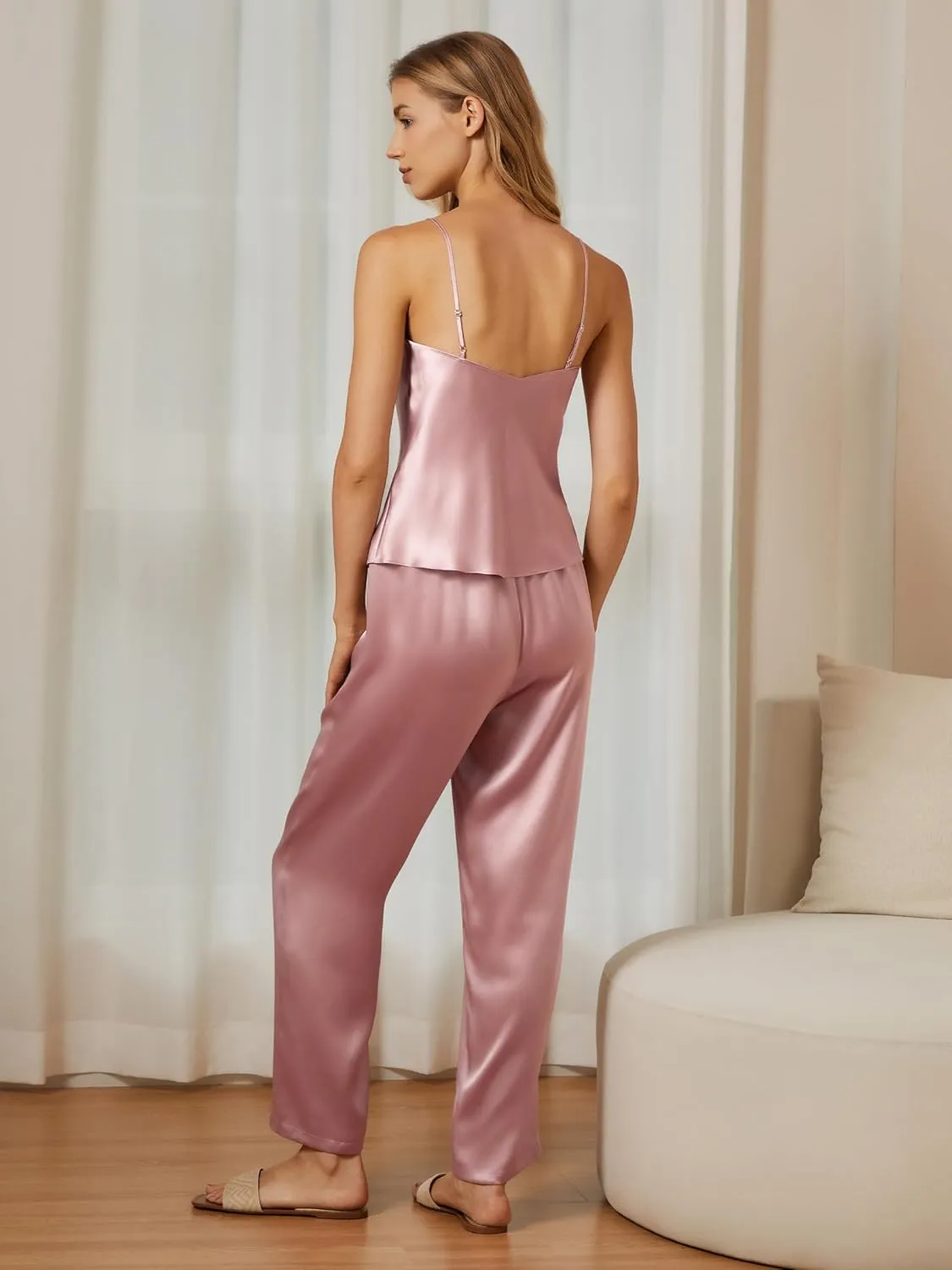 Mommesilk Silk Pajamas for Women Slim Camisole and Pants Set Real Silk Pajamas Sleepwear Washable 2 Piece Summer