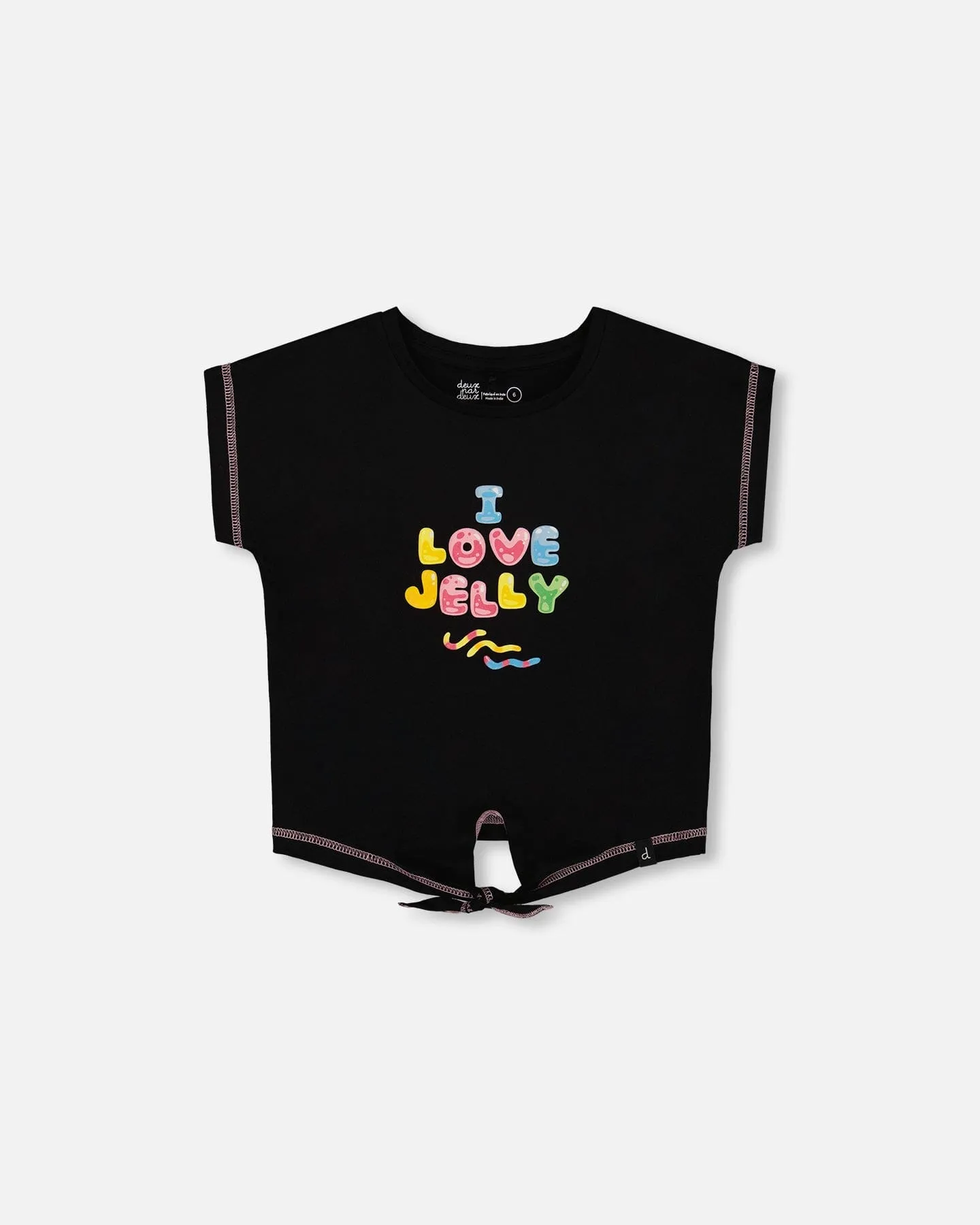 Organic Cotton Tee With Print And Knot Black And Multicolored