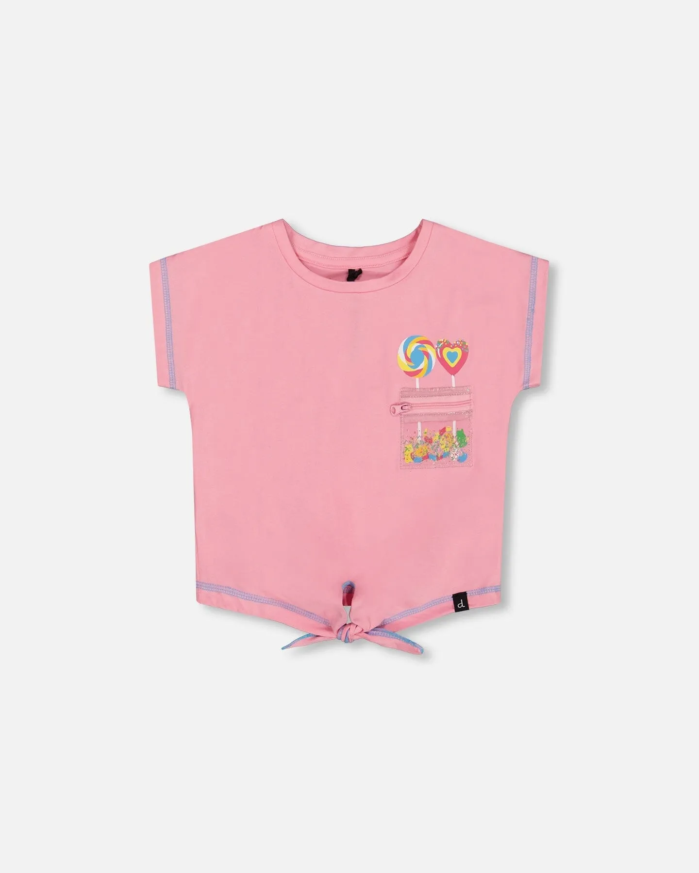 Organic Cotton Tee With Print And Knot Candy Pink