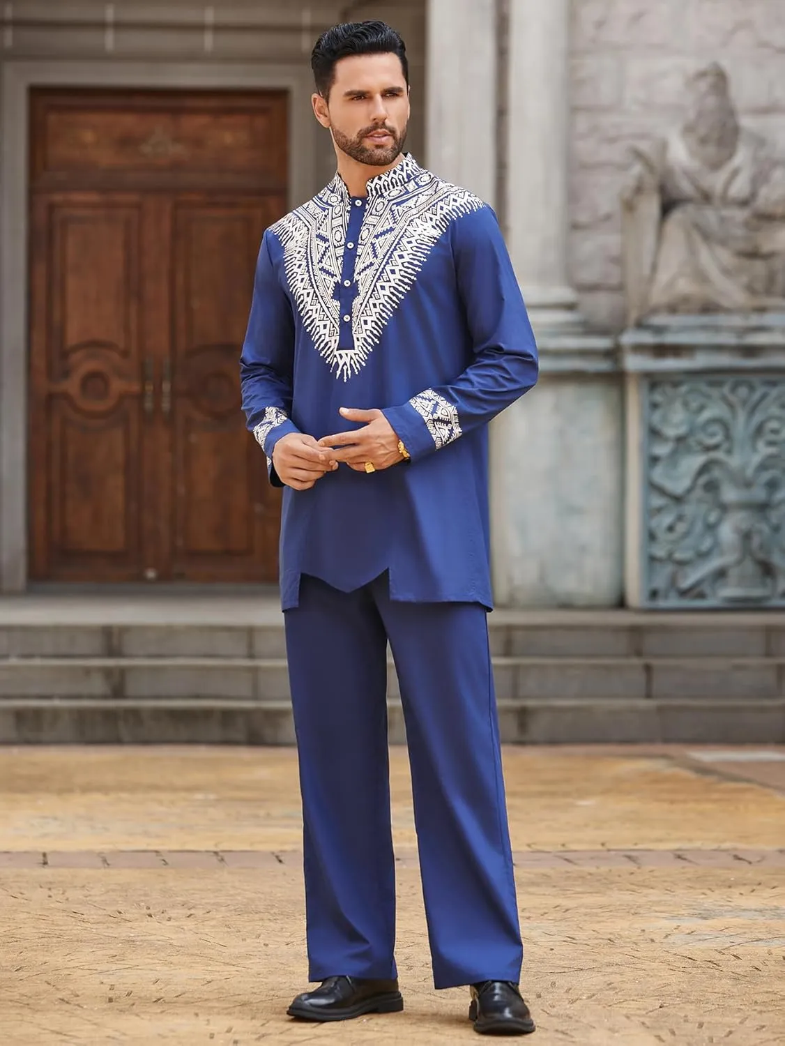 Pacinoble Mens African 2 Piece Set Metallic Traditional Suit Floral Printed Mens African Dashiki Shirt and Pants Outfit