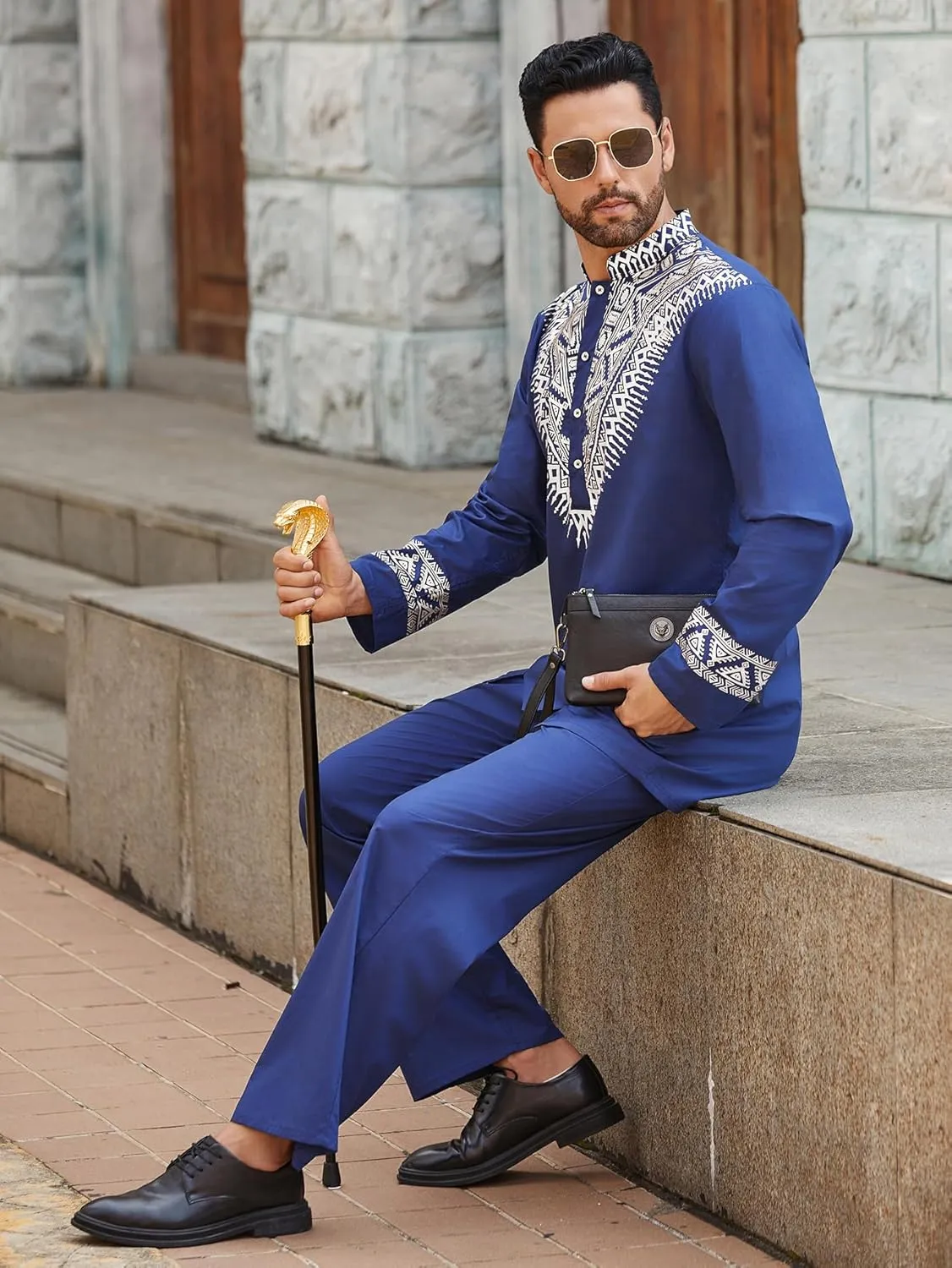 Pacinoble Mens African 2 Piece Set Metallic Traditional Suit Floral Printed Mens African Dashiki Shirt and Pants Outfit