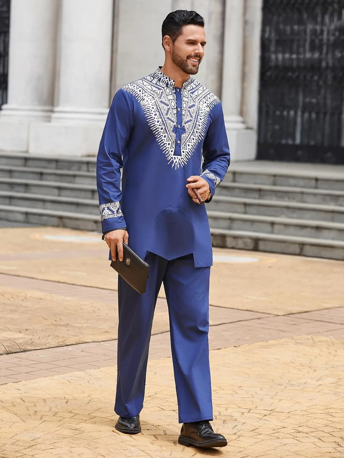 Pacinoble Mens African 2 Piece Set Metallic Traditional Suit Floral Printed Mens African Dashiki Shirt and Pants Outfit