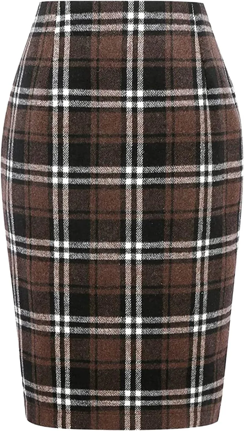 Pencil Plaid Skirts for Women Girls Fall Winter Wool Bodycon Midi Skirt Knee Length High Wasited Tartan Skirts Casual Dressy
